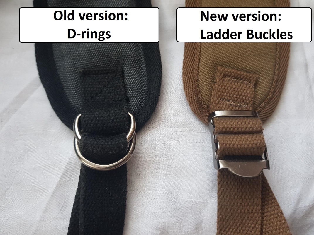 Improved shoulder strap adjustment through the usage of ladder buckles instead of D-rings.